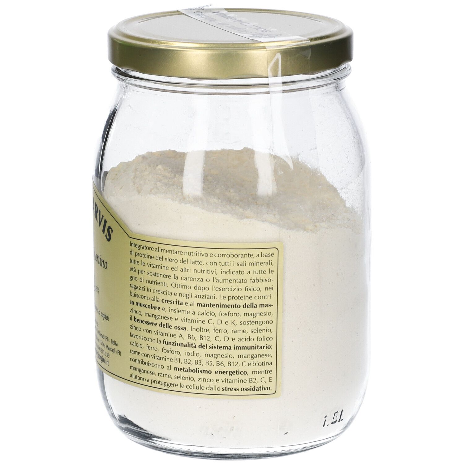 Barattolo di vetro con polvere. Scritta: Muscolarvis, Giorgini Dr. Martino. Etichetta con informazioni.