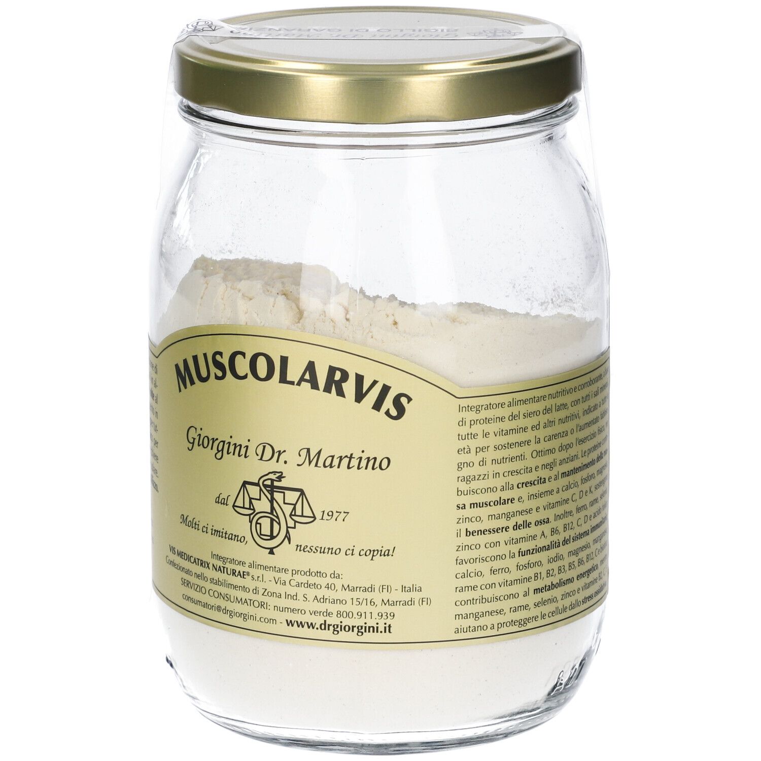 Barattolo di vetro con polvere. Scritta: Muscolarvis, Giorgini Dr. Martino. Etichetta con informazioni e logo.