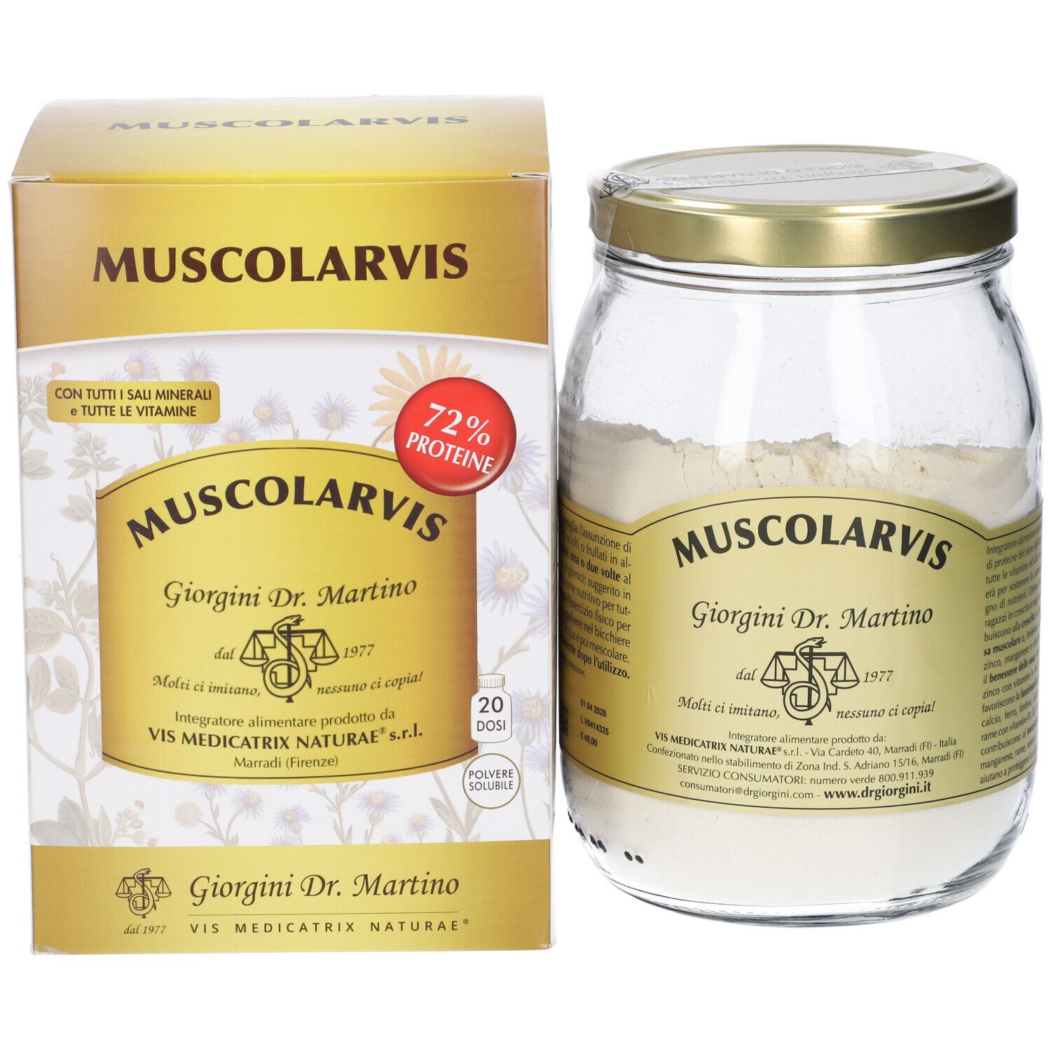 Confezione e barattolo di vetro con polvere. Scritta: Muscolarvis, Giorgini Dr. Martino. 72% proteine.
