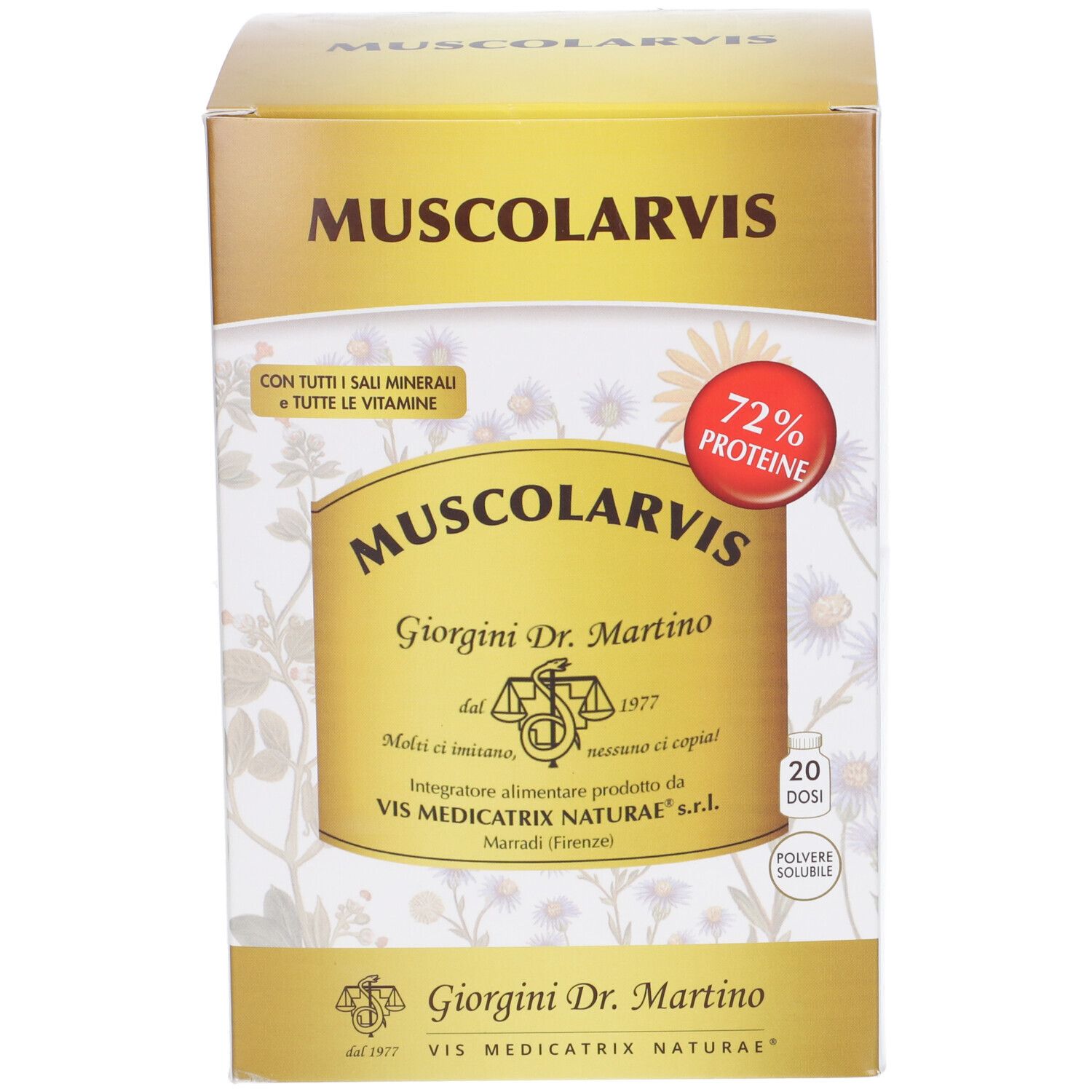 Confezione del prodotto. Scritta: Muscolarvis, Giorgini Dr. Martino. 72% proteine. 20 dosi.