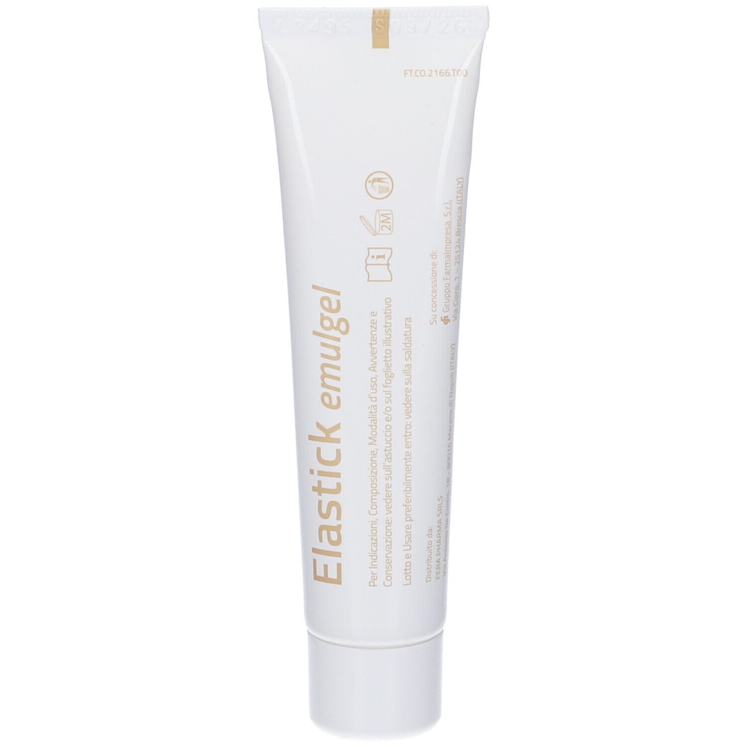 Tubo bianco con scritta "Elastick emulgel". Retro con testo e simboli. Logo "fera".