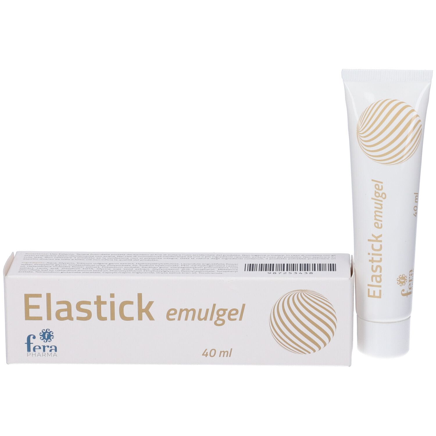 Confezione e tubo. Confezione: bianca, scritta "Elastick emulgel", logo "fera", 40 ml. Tubo: bianco, design dorato.