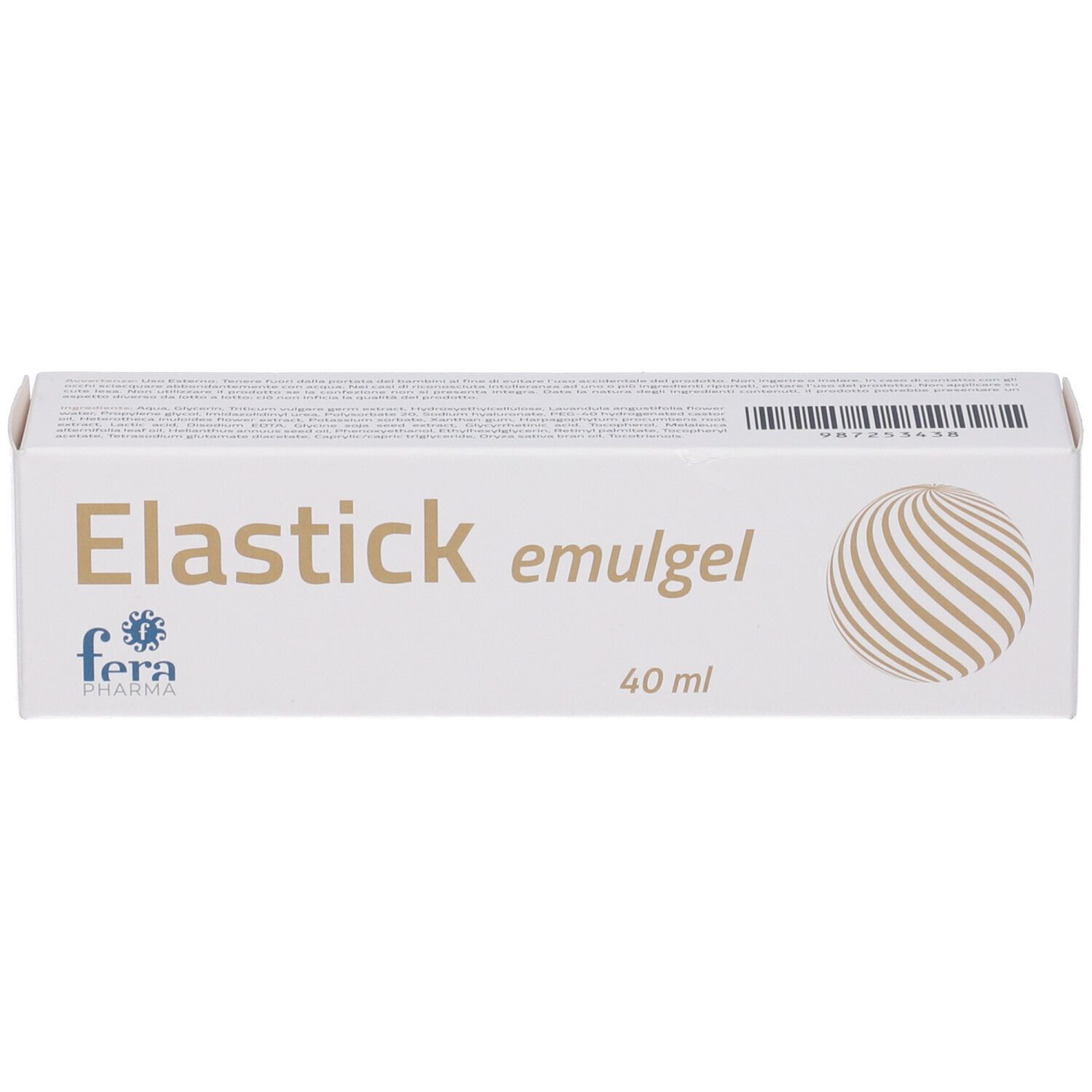 Confezione bianca con scritta "Elastick emulgel", logo "fera" e indicazione volume 40 ml.