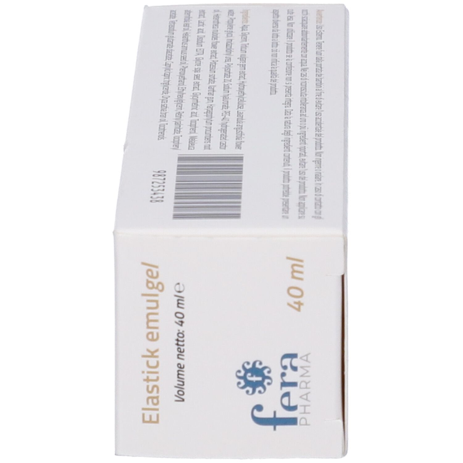 Confezione, vista laterale. Scritta "Elastick emulgel", logo "fera", indicazione volume 40 ml.