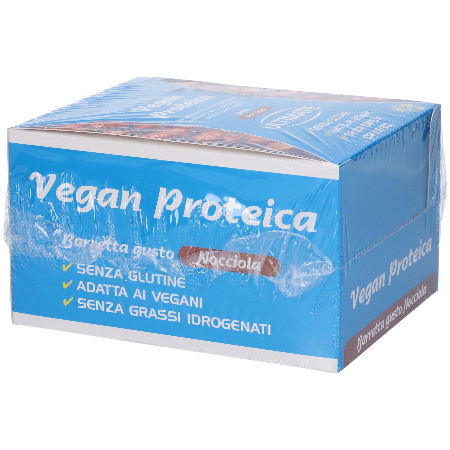 Scatola blu Vegan Proteica, Barrette gusto Nocciola. Senza glutine, vegano, senza grassi idrogenati.