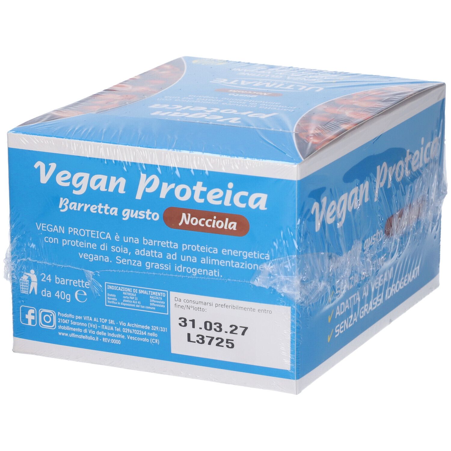 Scatola blu Vegan Proteica, Barrette gusto Nocciola. 24 barrette, 40g. Data di scadenza.