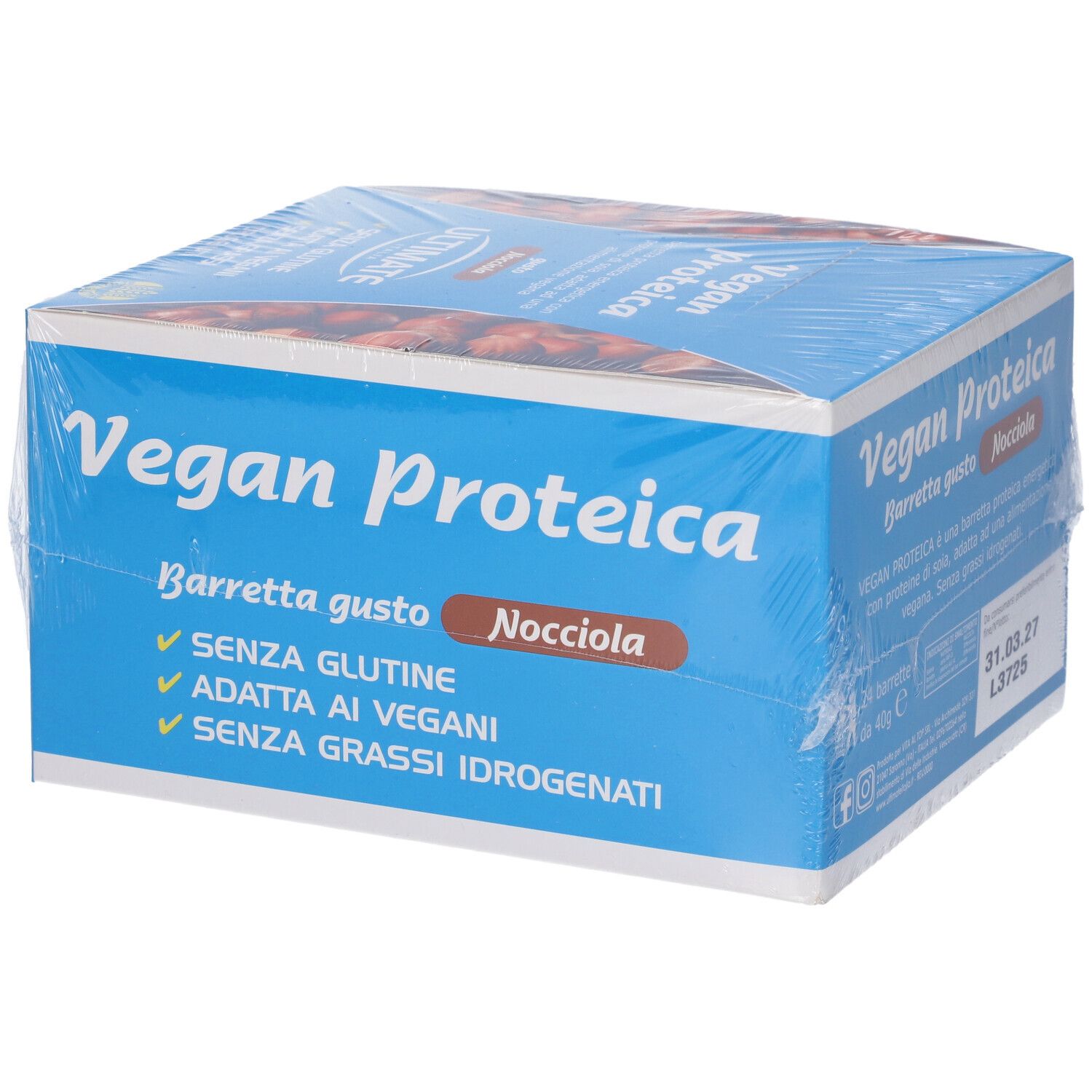 Scatola blu Vegan Proteica, Barrette gusto Nocciola. Senza glutine, vegano, senza grassi idrogenati.