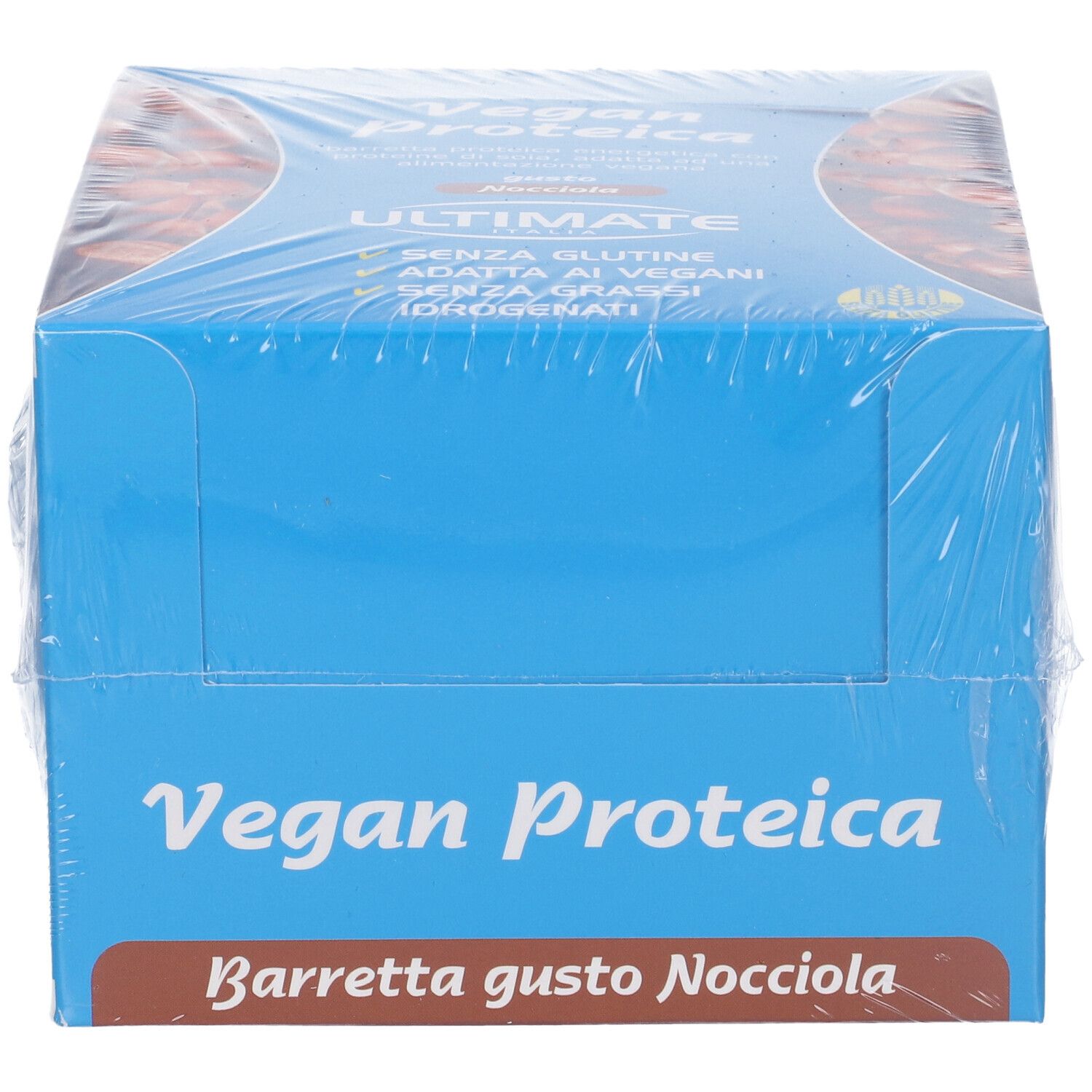 Scatola blu con scritta Vegan Proteica, Barrette gusto Nocciola. Confezionata in pellicola.