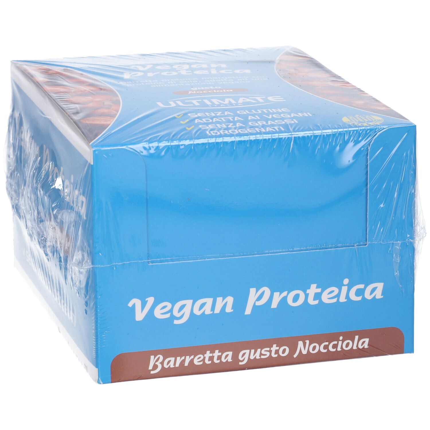 Scatola blu con scritta Vegan Proteica, Barrette gusto Nocciola. Confezionata in pellicola.