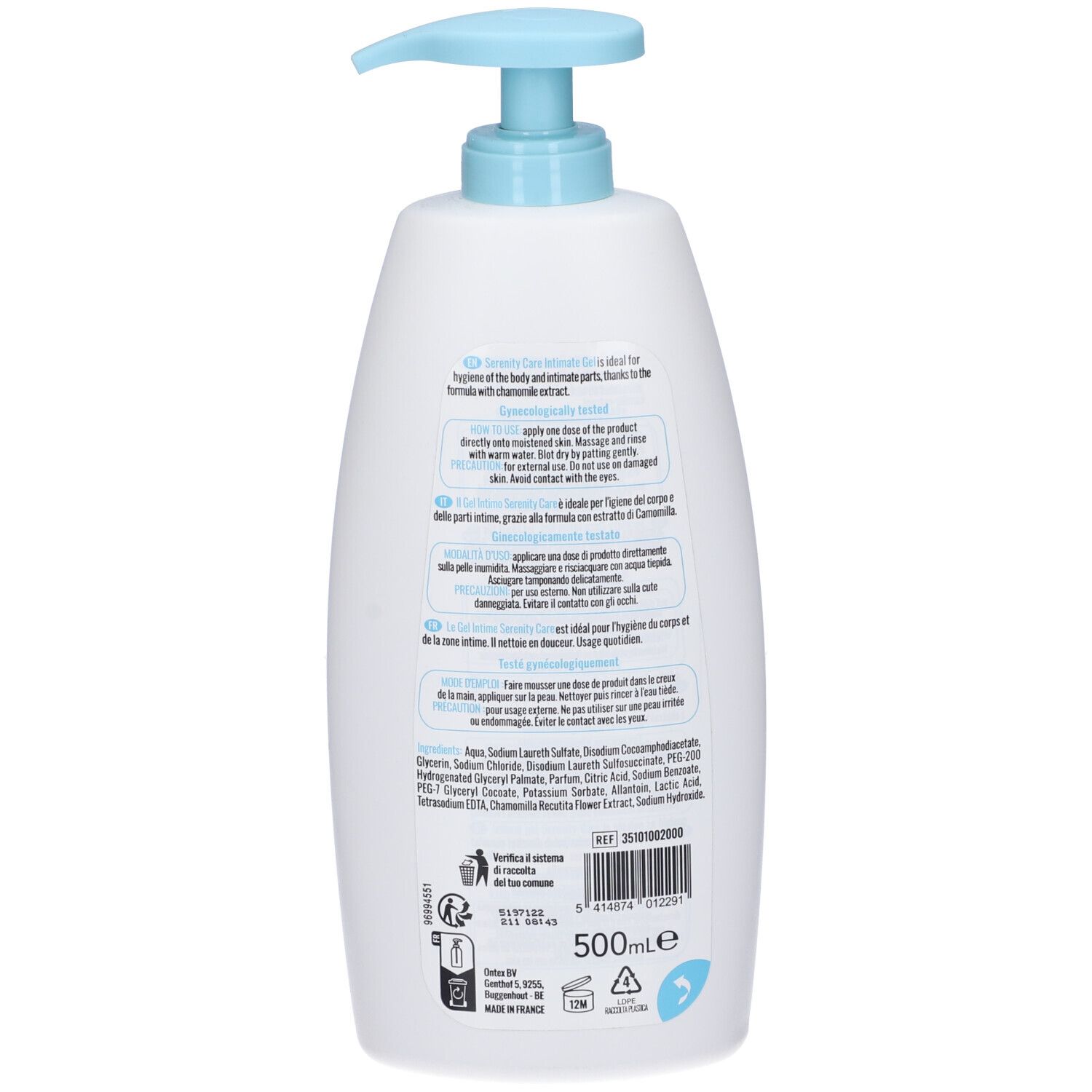 Retro del dispenser bianco. Testo multilingue. Ingredienti e informazioni. 500ml.