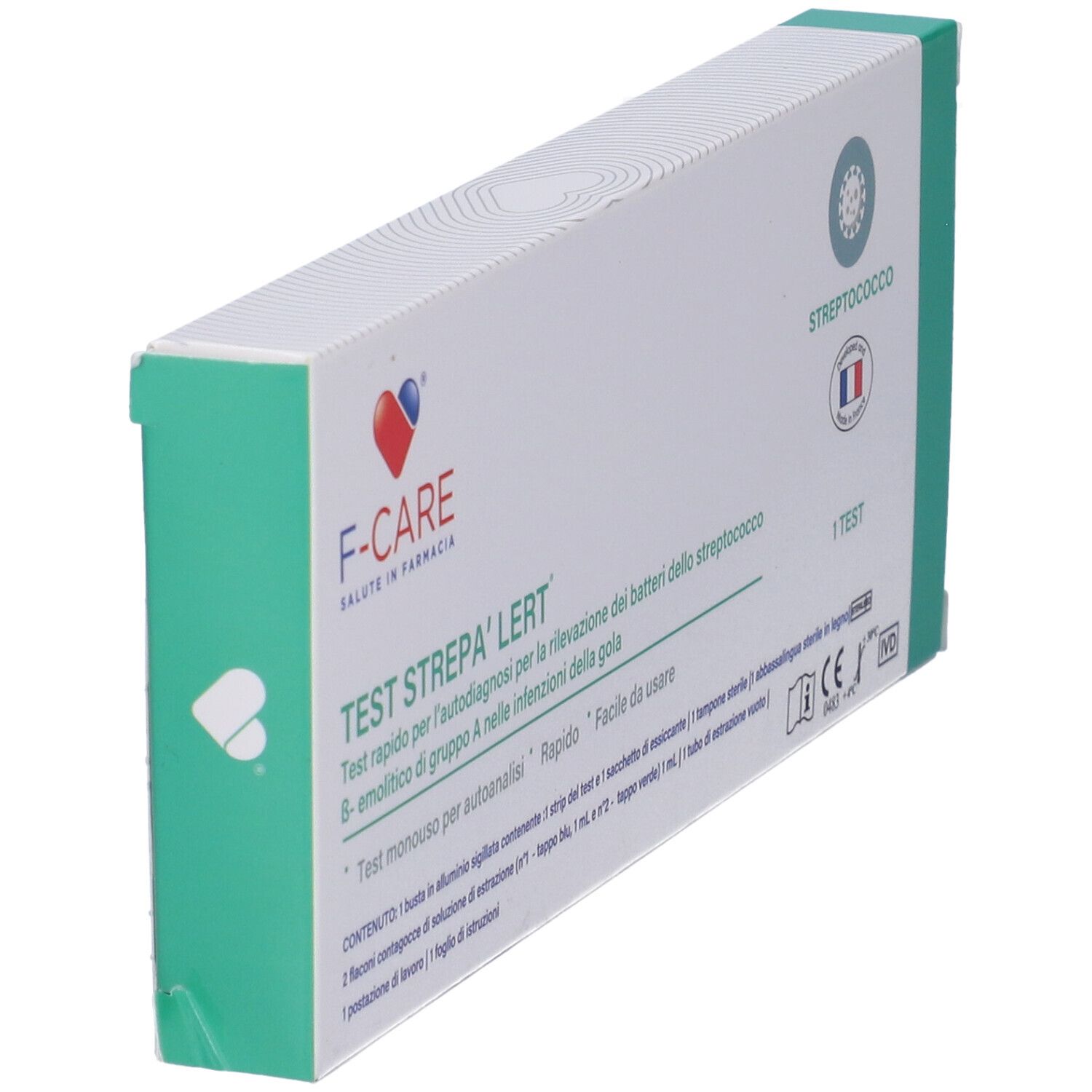 Vista angolata della confezione F-Care Test Strepa' Alert. Design verde e bianco con logo e testo. Contiene un test.