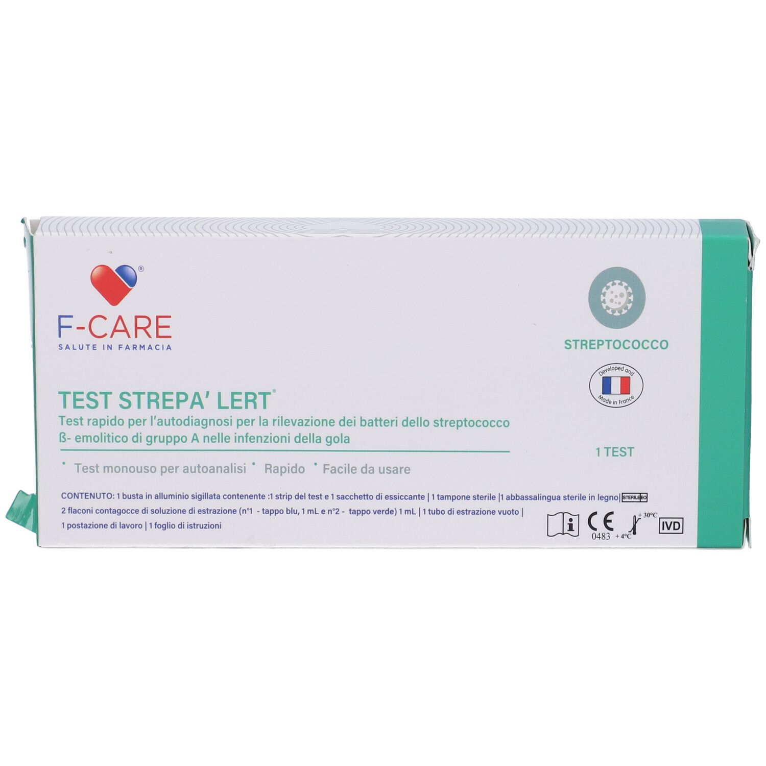 Confezione F-Care Test Strepa' Alert. Test per streptococco. Design verde e bianco con logo e testo.