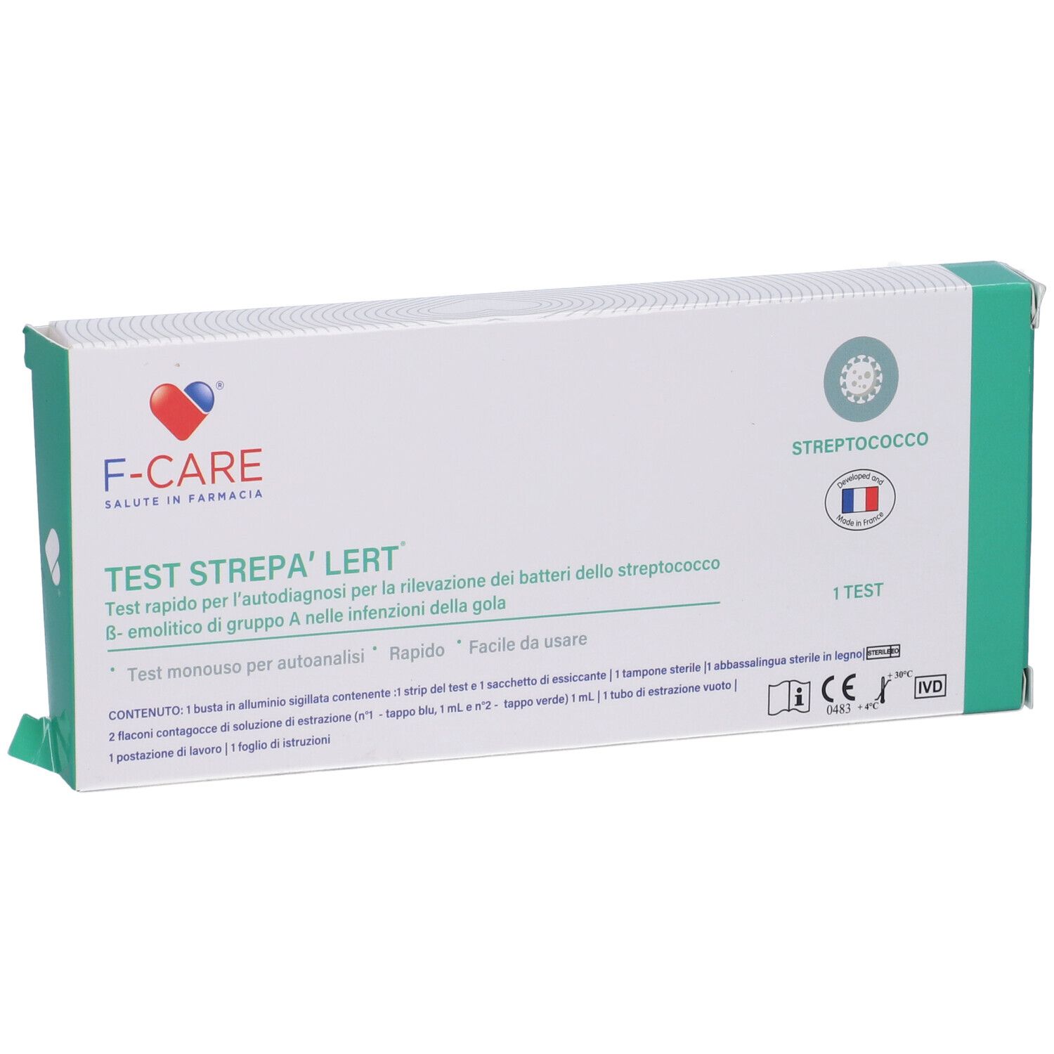 Confezione F-Care Test Strepa' Alert. Test per streptococco. Design verde e bianco con logo e testo.