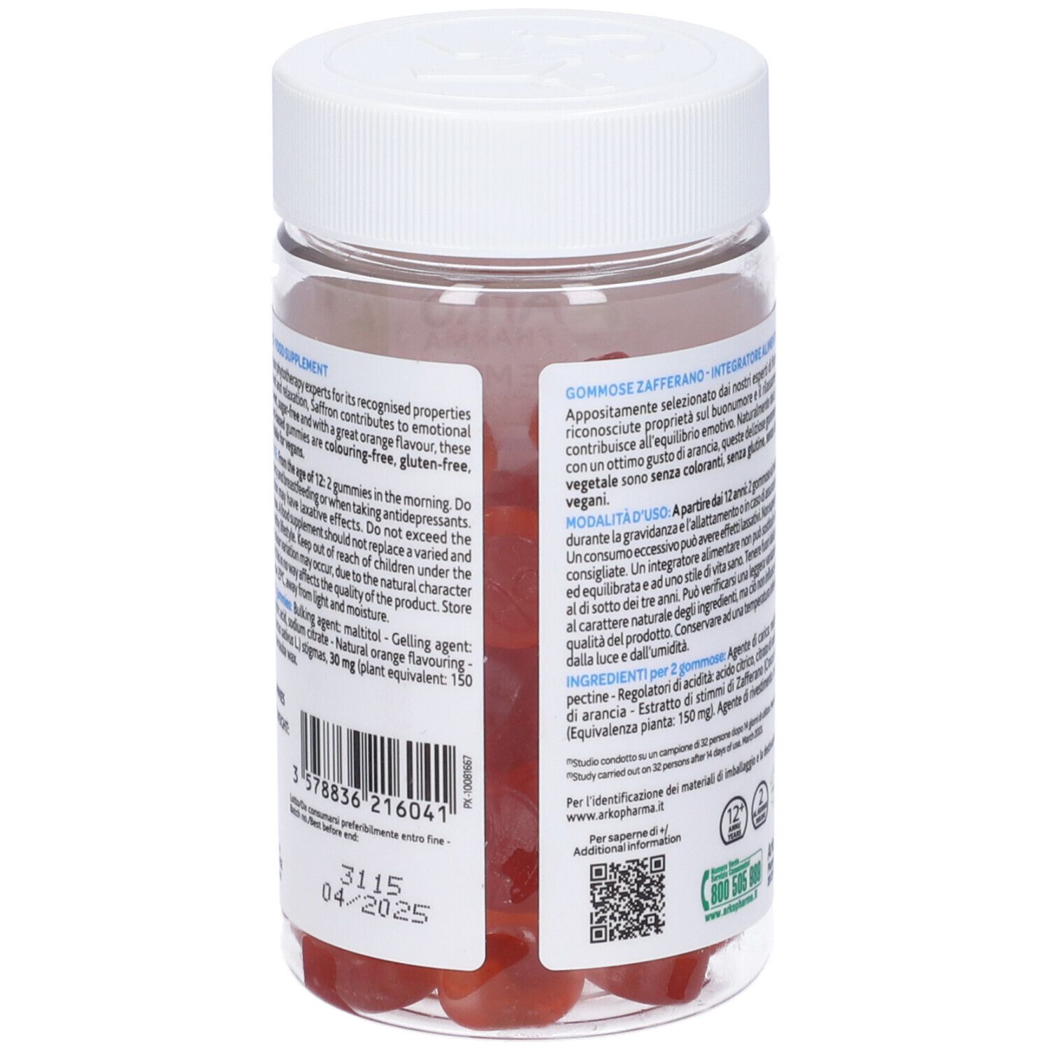 Barattolo trasparente con caramelle gommose rosse. Etichetta con testo in italiano. Coperchio bianco. Marchio Arkopharma.