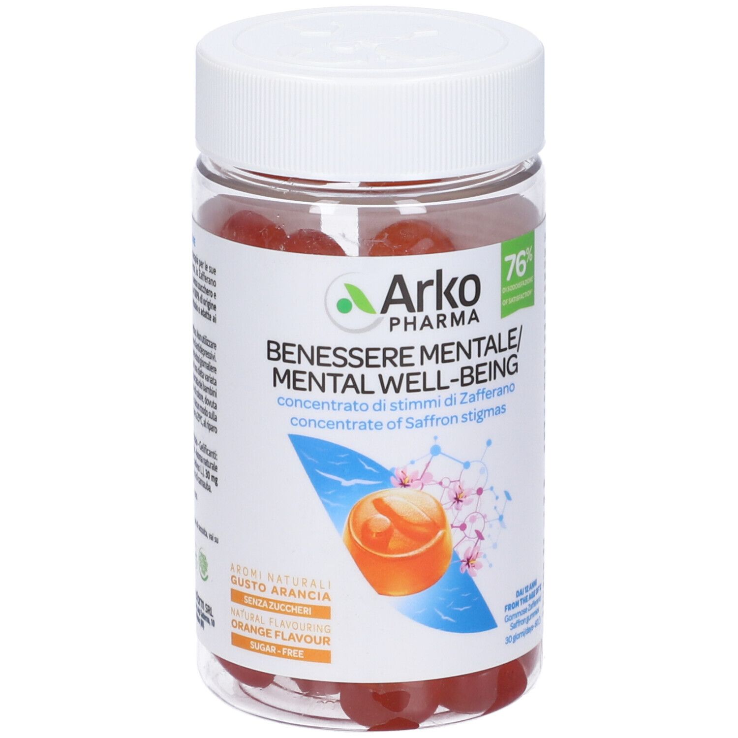 Barattolo trasparente con caramelle gommose rosse. Etichetta con testo e logo Arkopharma. Coperchio bianco. Illustrazione di un'arancia.