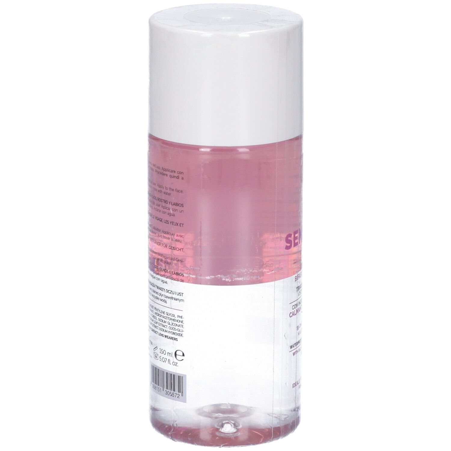 Flacone cilindrico con liquido rosa e tappo bianco. Scritta: BE SENSITIVE. Etichetta con testo.