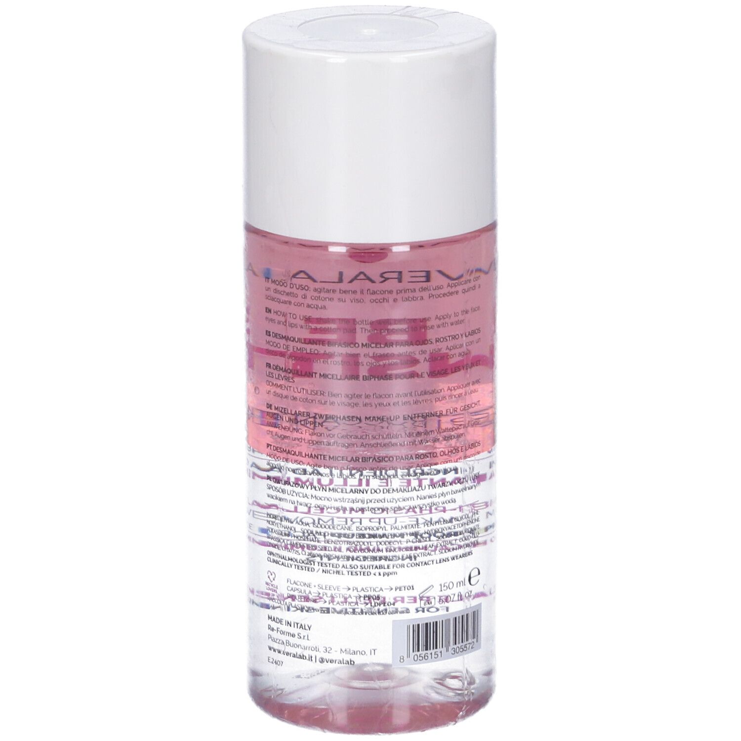 Flacone cilindrico con liquido rosa e tappo bianco. Scritta: VERALAB. Etichetta con testo e codice a barre.