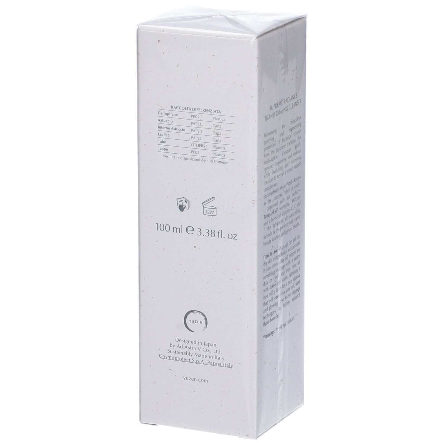 Confezione bianca con testo. Logo Yuzen. Testo: 100 ml 3.38 fl.oz. Ingredienti e informazioni del produttore.
