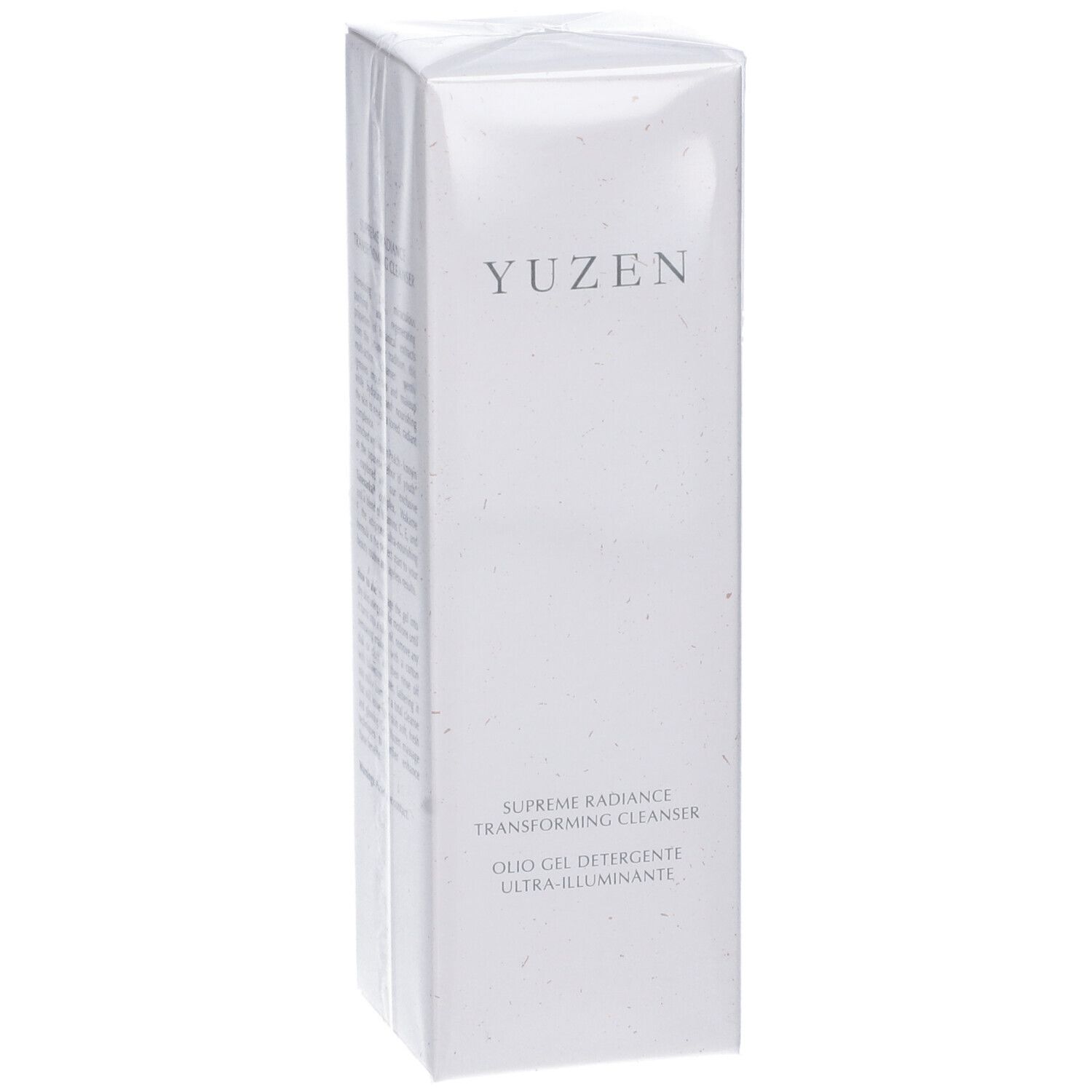 Confezione bianca con logo Yuzen e nome del prodotto. Testo: Supreme Radiance Transforming Cleanser, Olio Gel Detergente Ultra-illuminante.