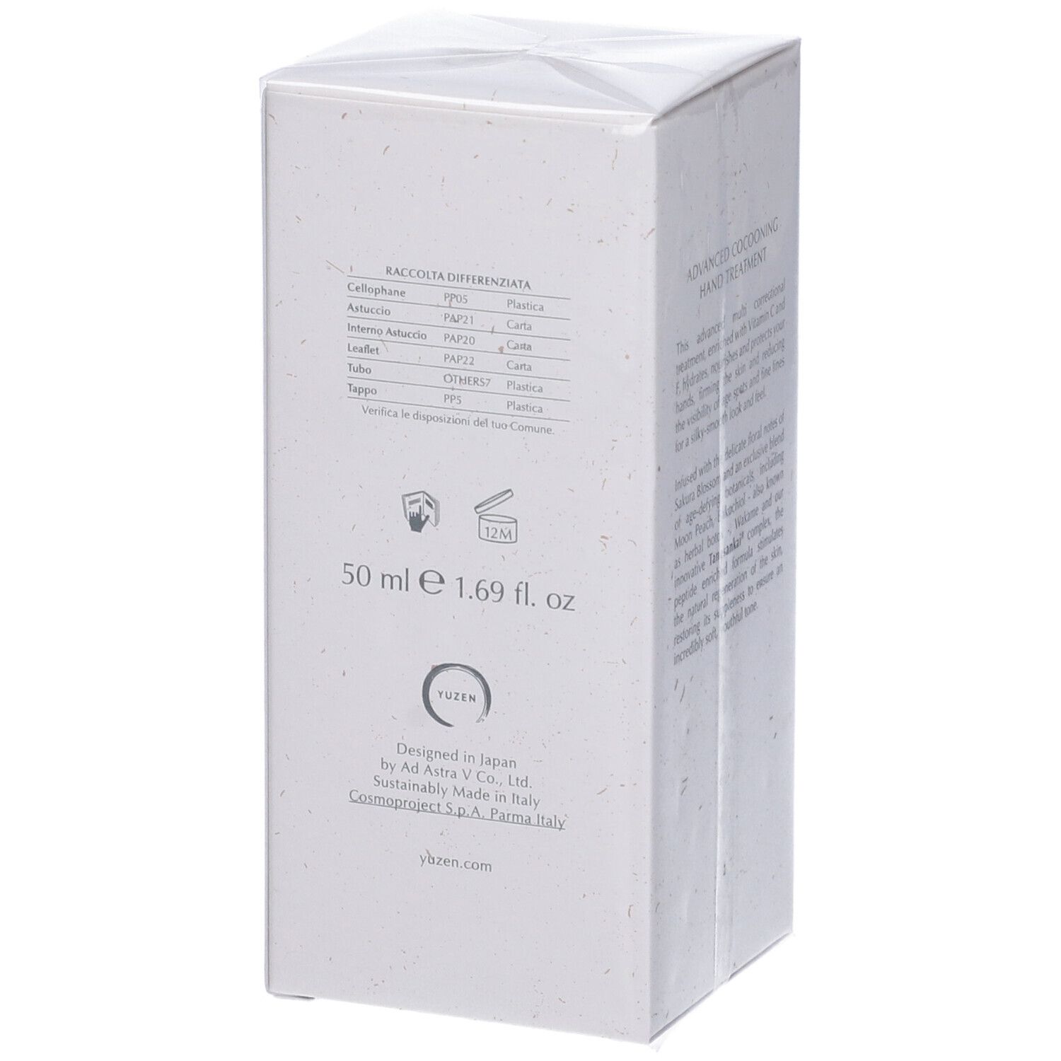 Lato della scatola bianca Yuzen. Informazioni sugli ingredienti, 50 ml, 1.69 fl. oz. Logo Yuzen. Prodotto in Italia.