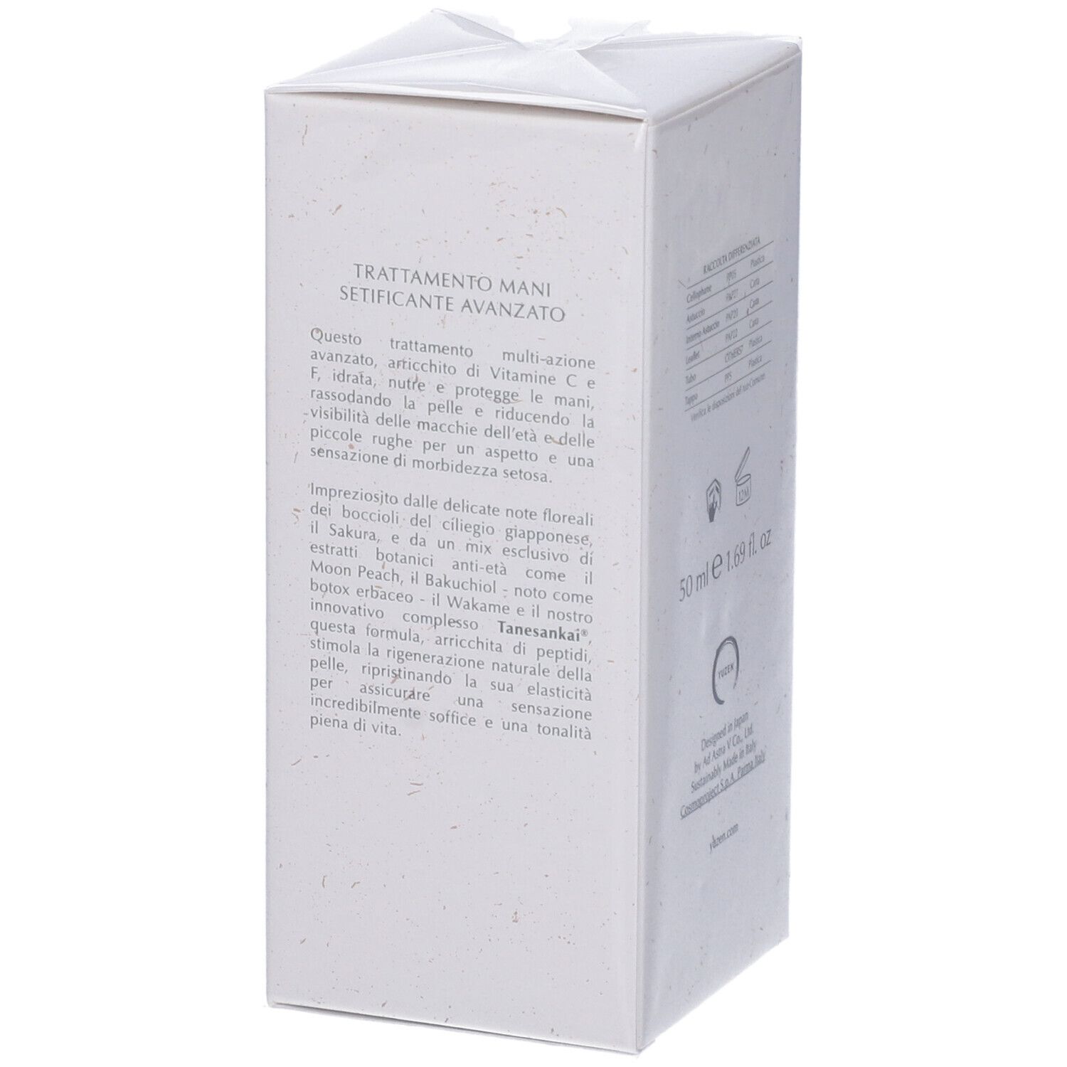 Retro della scatola bianca Yuzen. Testo: Trattamento Mani Setificante Avanzato. Descrizione del prodotto e ingredienti.