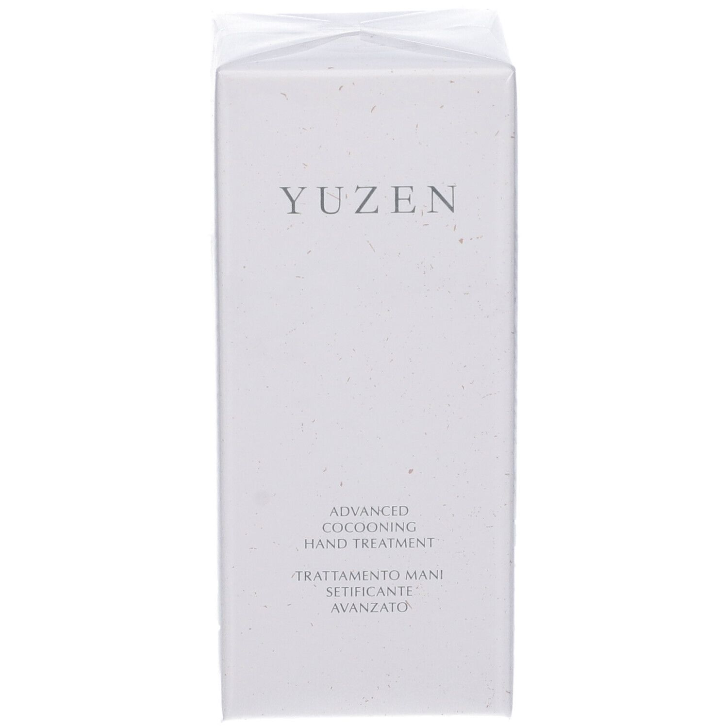 Scatola bianca Yuzen. Scritto: Yuzen, Advanced Cocooning Hand Treatment, Trattamento Mani Setificante Avanzato.