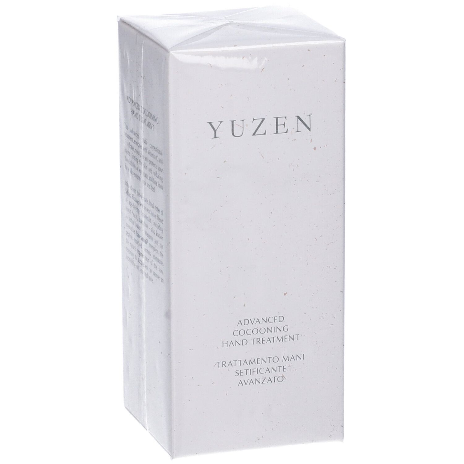 Scatola bianca Yuzen. Scritto: Yuzen, Advanced Cocooning Hand Treatment, Trattamento Mani Setificante Avanzato.