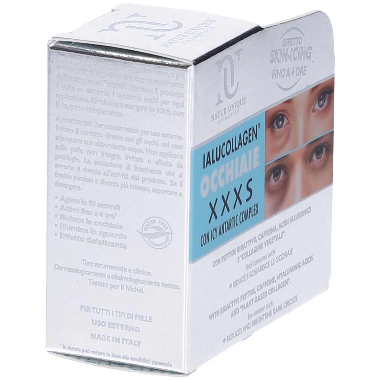 Confezione prodotto, parzialmente aperta, con nome e testo. Contiene informazioni sugli ingredienti e l'uso.