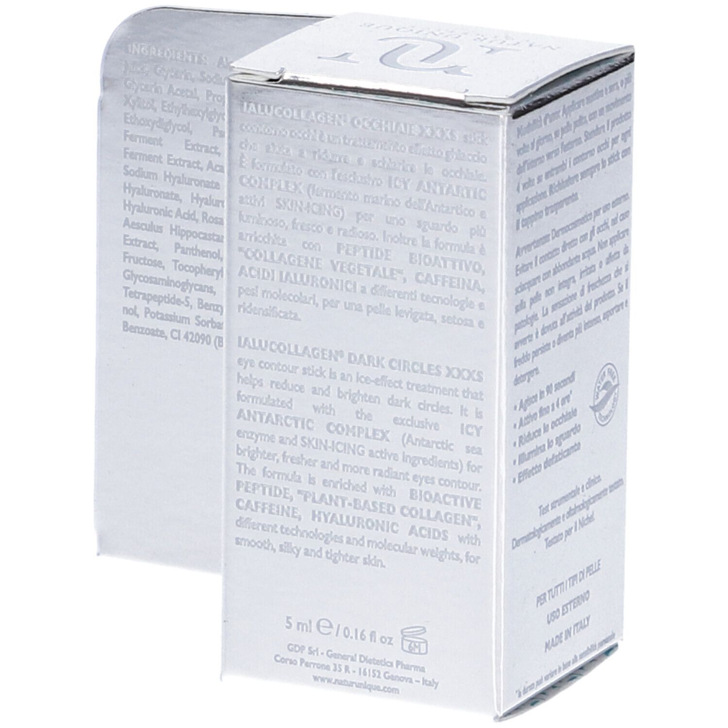 Confezione prodotto con testo e informazioni sugli ingredienti. Contiene informazioni sulla composizione e l'indirizzo del produttore.