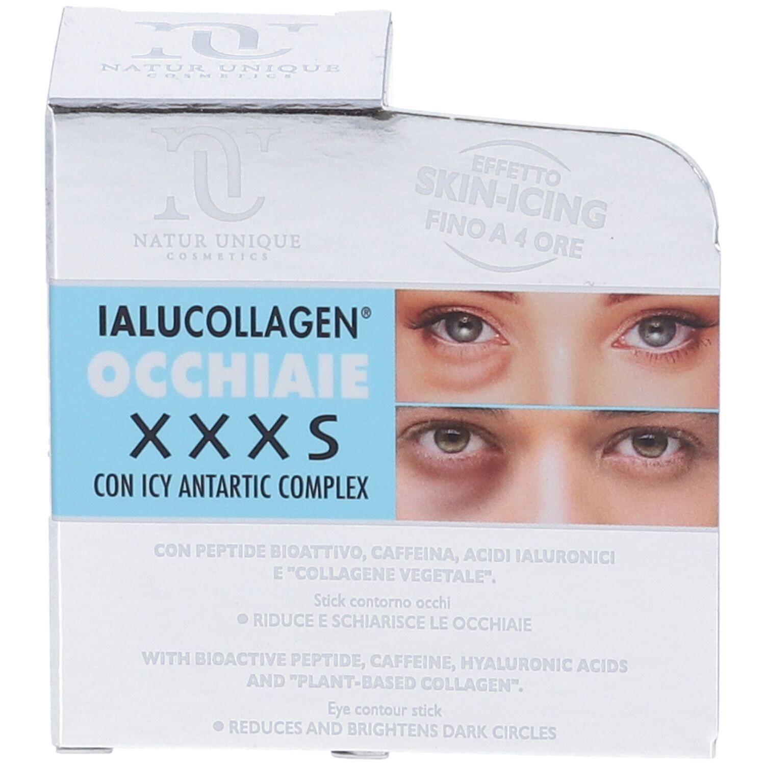 Confezione di Natur Unique Ialucollagen Occhiaie XXXS. Nome del prodotto e immagine degli occhi. Testo: 'Con Icy Antartic Complex'.