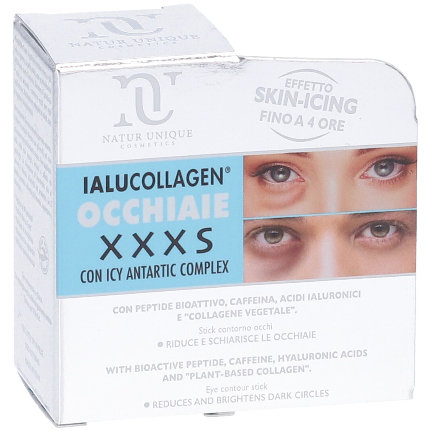 Confezione prodotto con nome e immagine occhi. Testo: Ialucollagen Occhiaie XXXS, con Icy Antartic Complex. Effetto skin-icing.