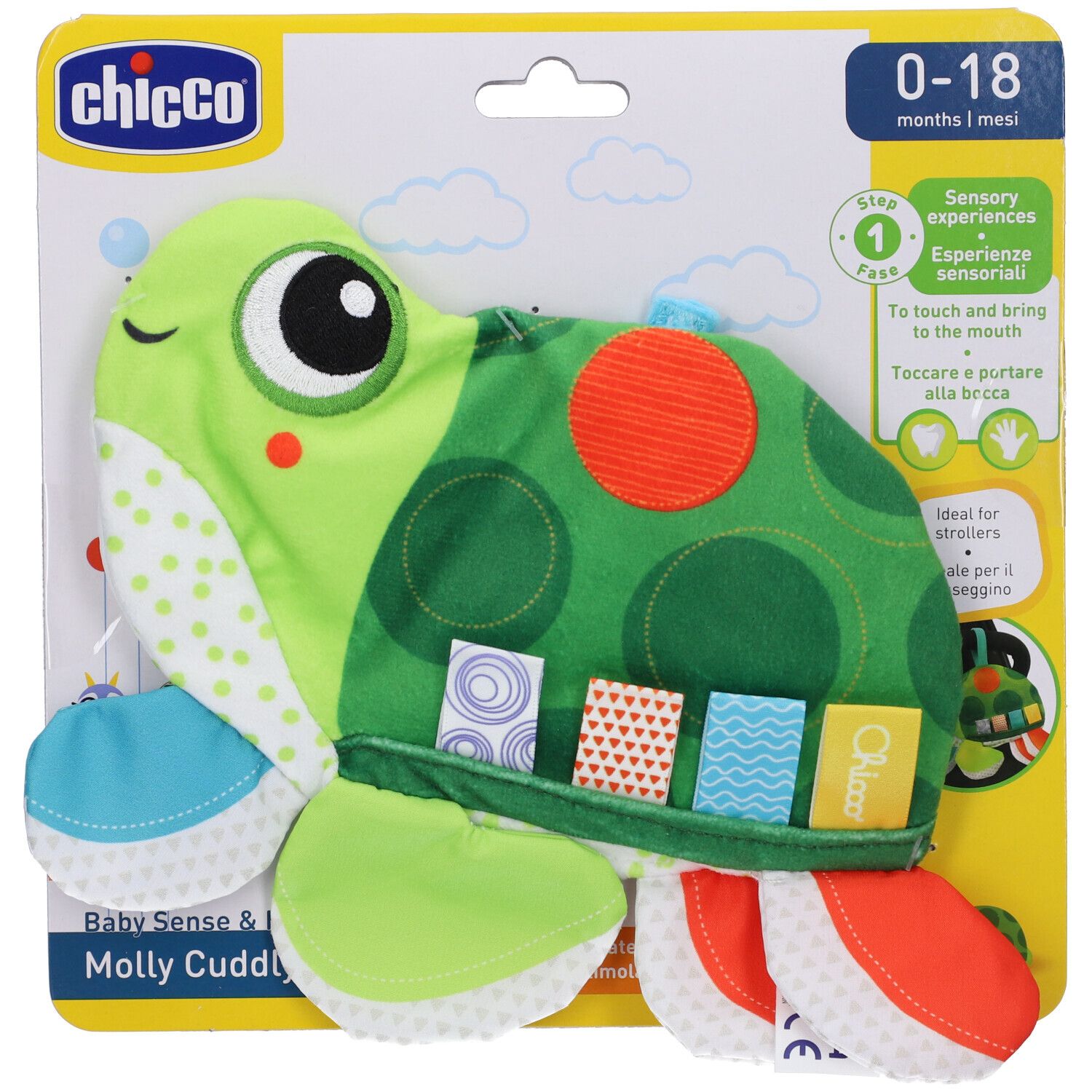 Chicco Trillino Molly Tarta. Giocattolo a forma di tartaruga verde, dettagli colorati. Confezione con logo e indicazione età.