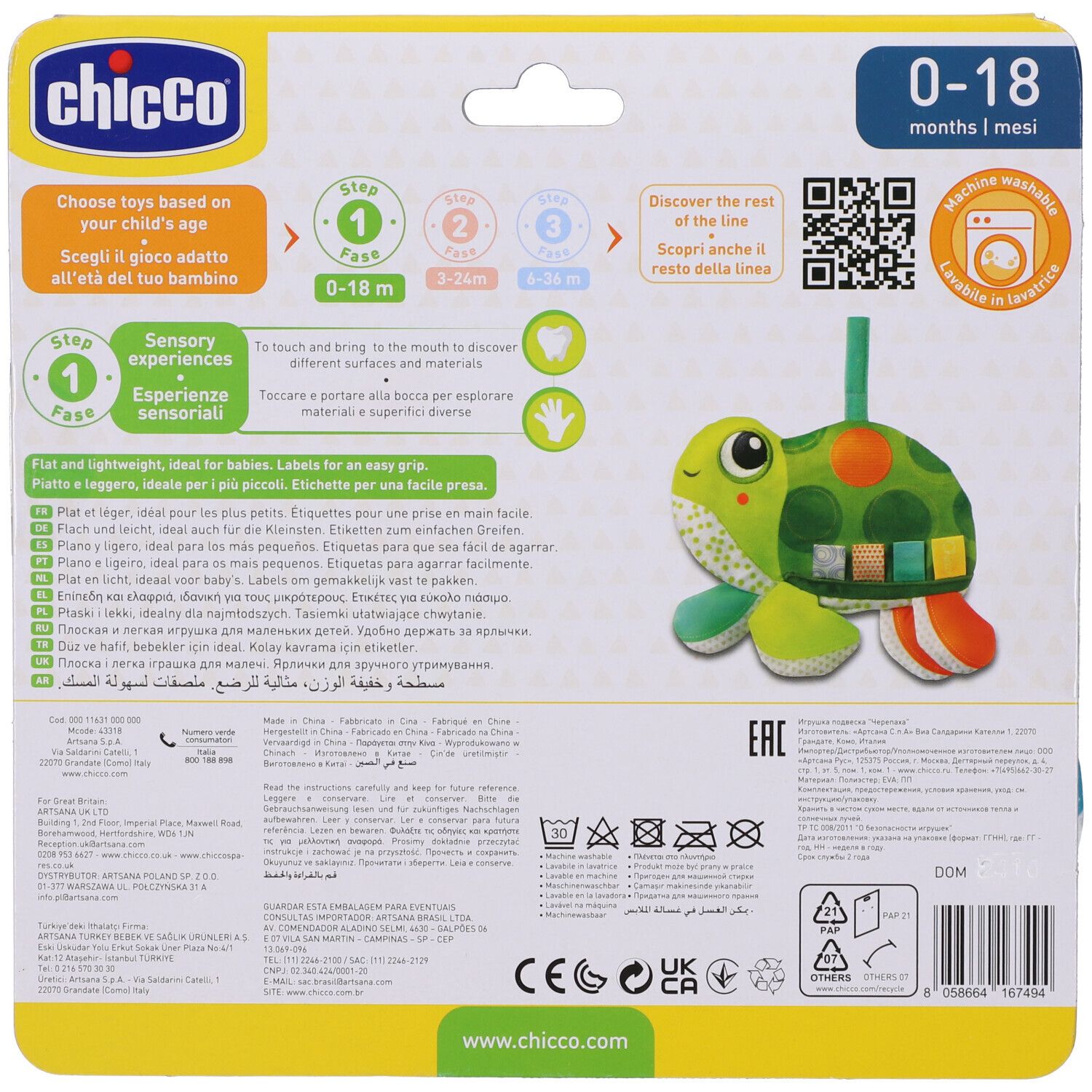 Retro della confezione. Chicco Trillino Molly Tarta. Testo, simboli di lavaggio, codice QR, indicazione età, logo.