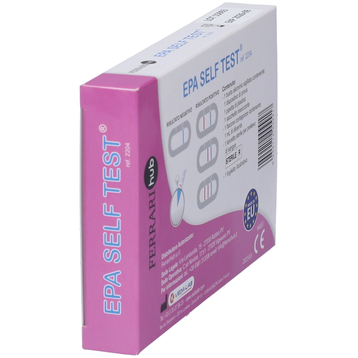 Confezione EPA SELF TEST. Scatola rosa e bianca. Scritto: Test Autodiagnosi. Retro con risultati.