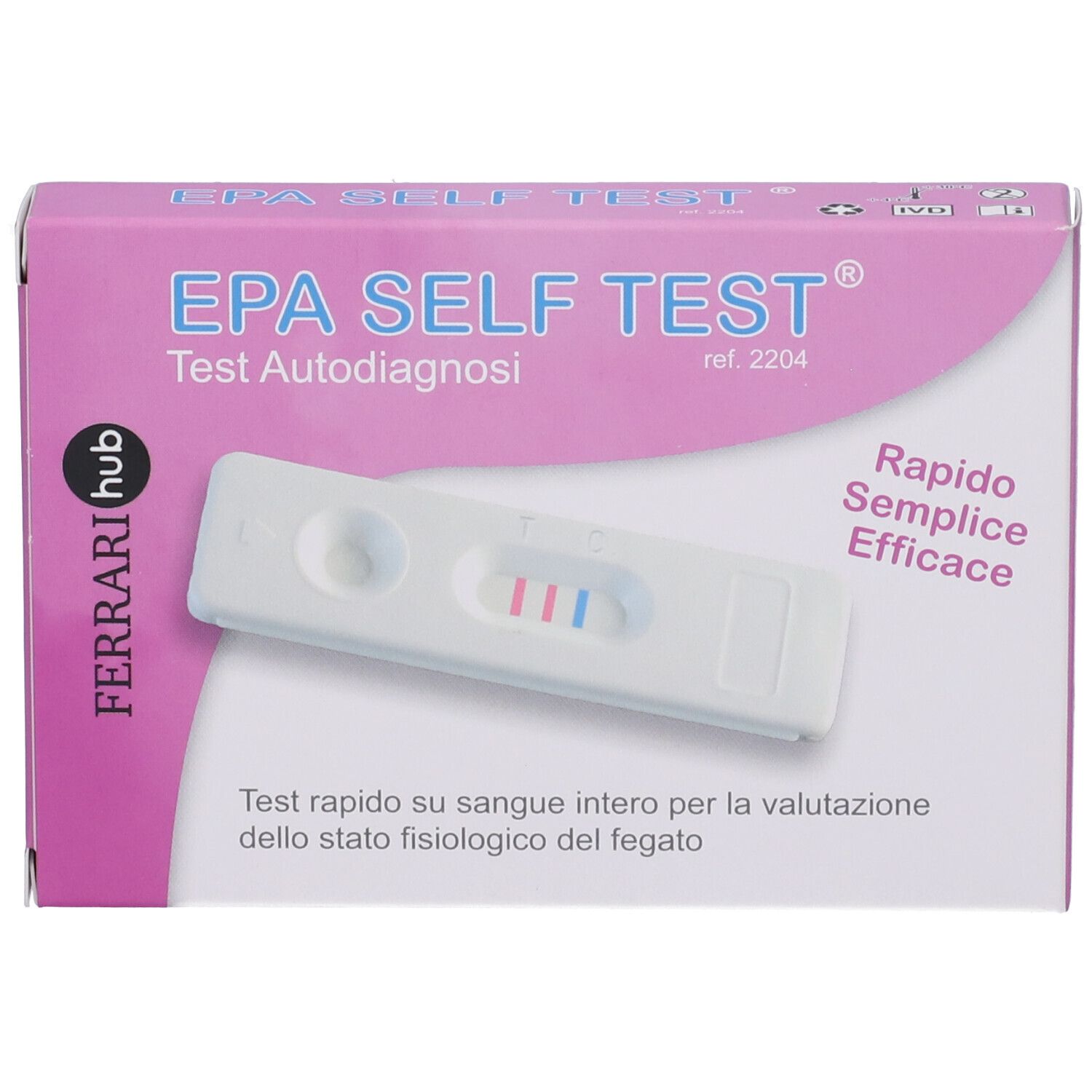 Confezione EPA SELF TEST. Scritto: Test Autodiagnosi, Rapido, Semplice, Efficace. Striscia reattiva con linee colorate.