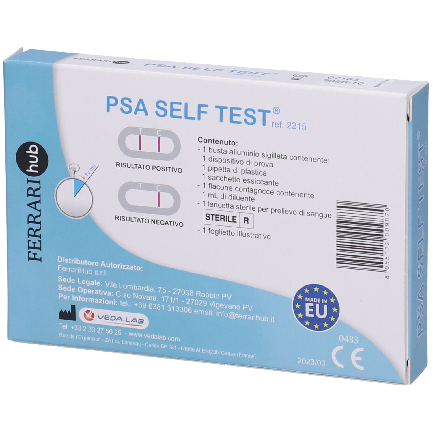 Retro della confezione PSA SELF TEST. Diagrammi dei risultati. Marchio CE.
