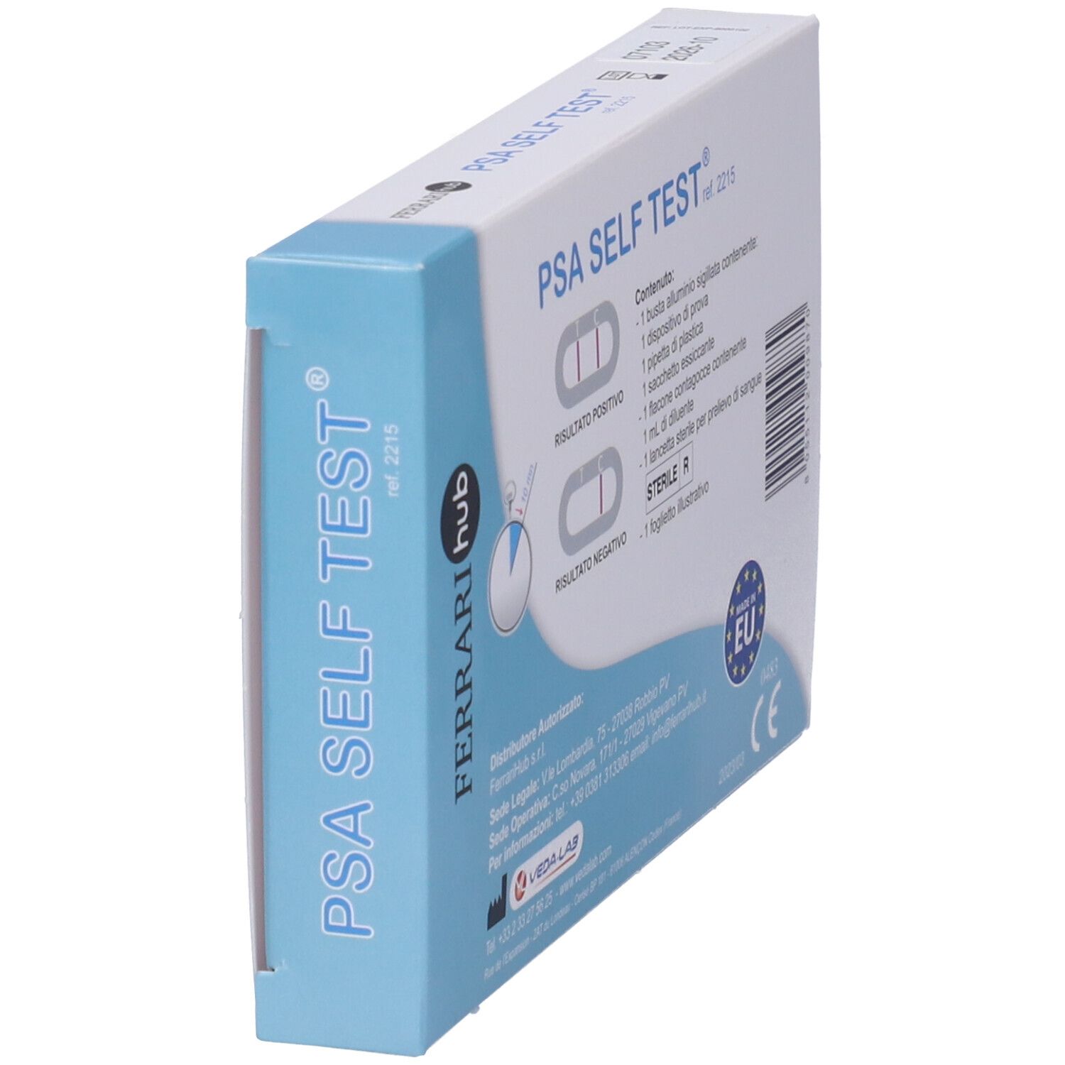 Vista angolata della confezione PSA SELF TEST. Retro con testo e marchio CE.