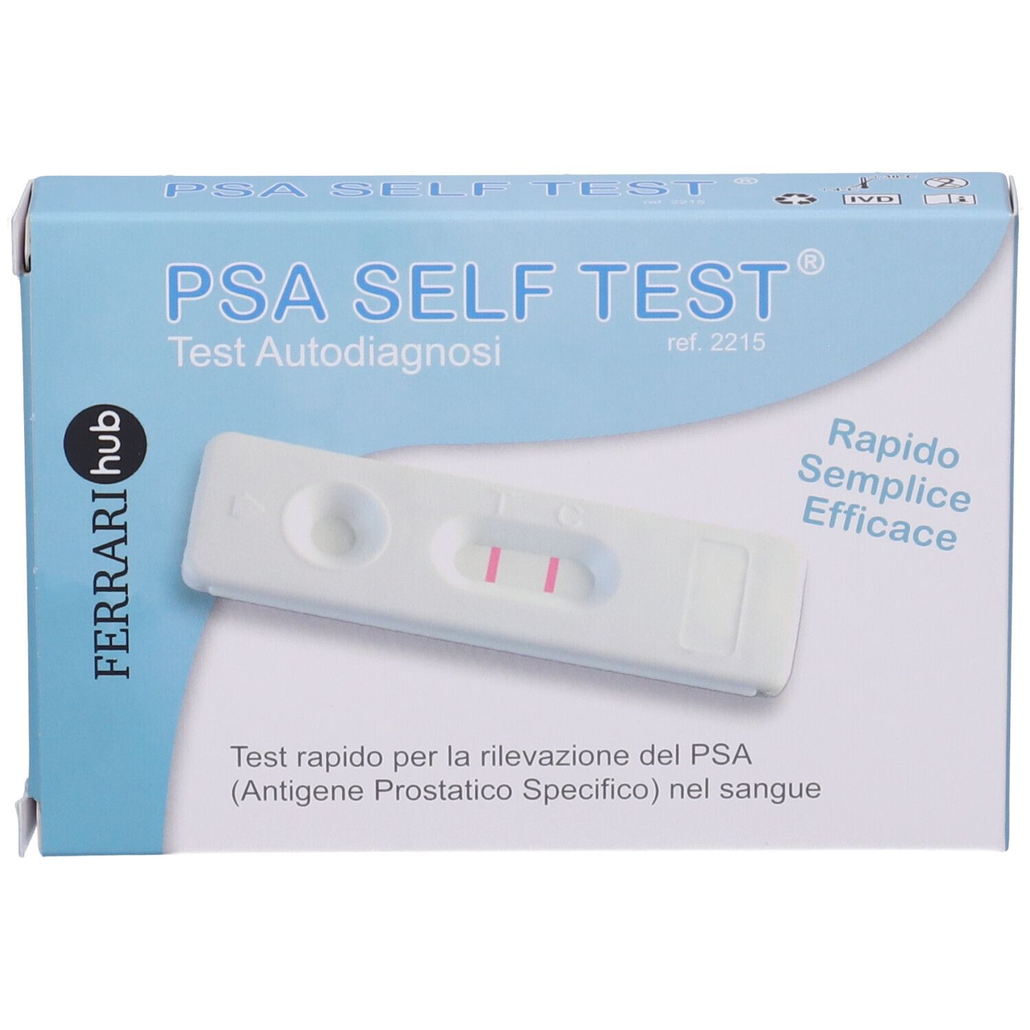 Confezione PSA SELF TEST con test a striscia. Due linee rosa indicano un risultato positivo.