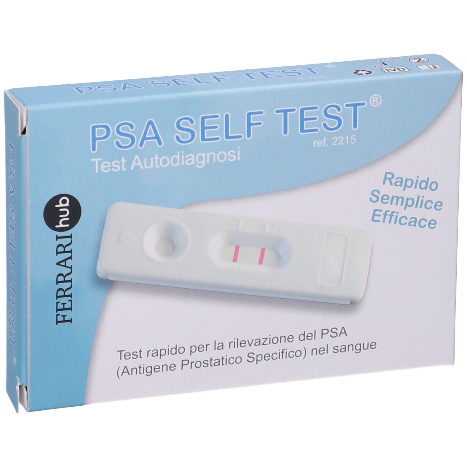 Confezione PSA SELF TEST con test a striscia. Due linee rosa indicano un risultato positivo.
