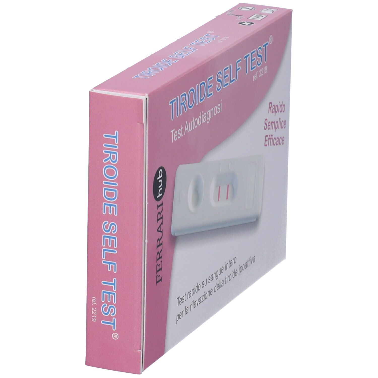 Scatola Test Tiroide Self Test. Confezione rosa e bianca. Testo: Test Autodiagnosi, Rapido Semplice Efficace. Marchio: Ferrari hub.