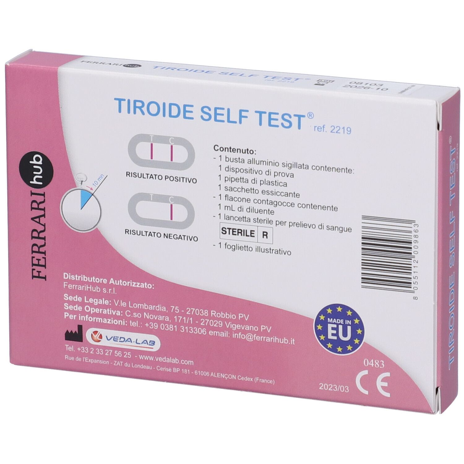 Retro confezione Test Tiroide Self Test. Testo: Contenuto, risultati test, marchio UE, marchio CE. Marchio: Ferrari hub.