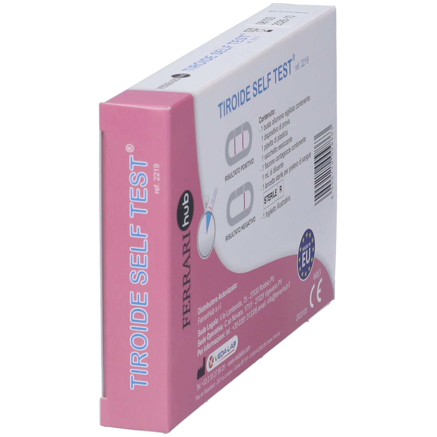 Scatola Test Tiroide Self Test. Confezione rosa e bianca. Testo: Test Autodiagnosi. Marchio: Ferrari hub. Marchio UE e CE.