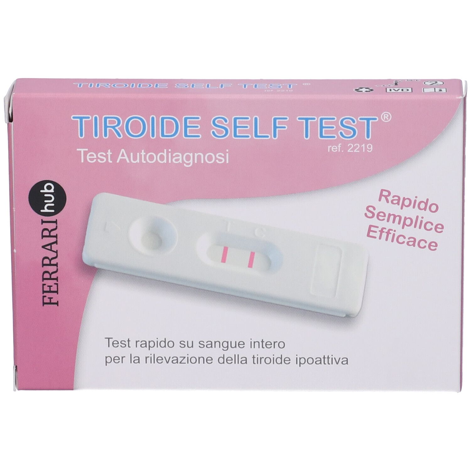 Confezione Test Tiroide Self Test. Scatola rosa e bianca con striscia reattiva. Testo: Test Autodiagnosi, Rapido Semplice Efficace.