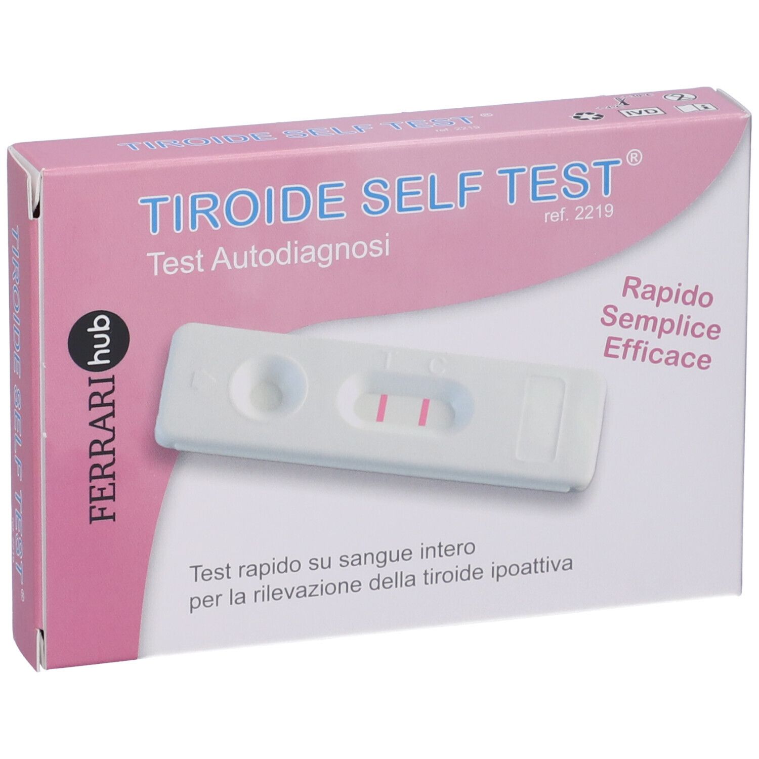 Confezione Test Tiroide Self Test. Scatola rosa e bianca con striscia reattiva. Testo: Test Autodiagnosi, Rapido Semplice Efficace.