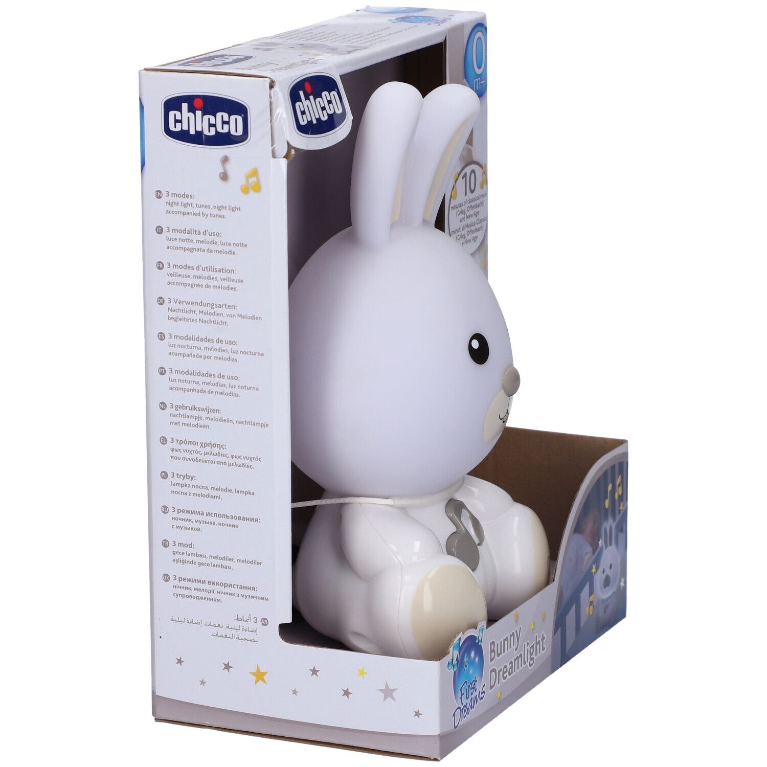 Luce notturna a forma di coniglio Chicco in confezione, vista laterale. Design coniglio bianco con decoro note musicali. Confezione con informazioni e illustrazioni.