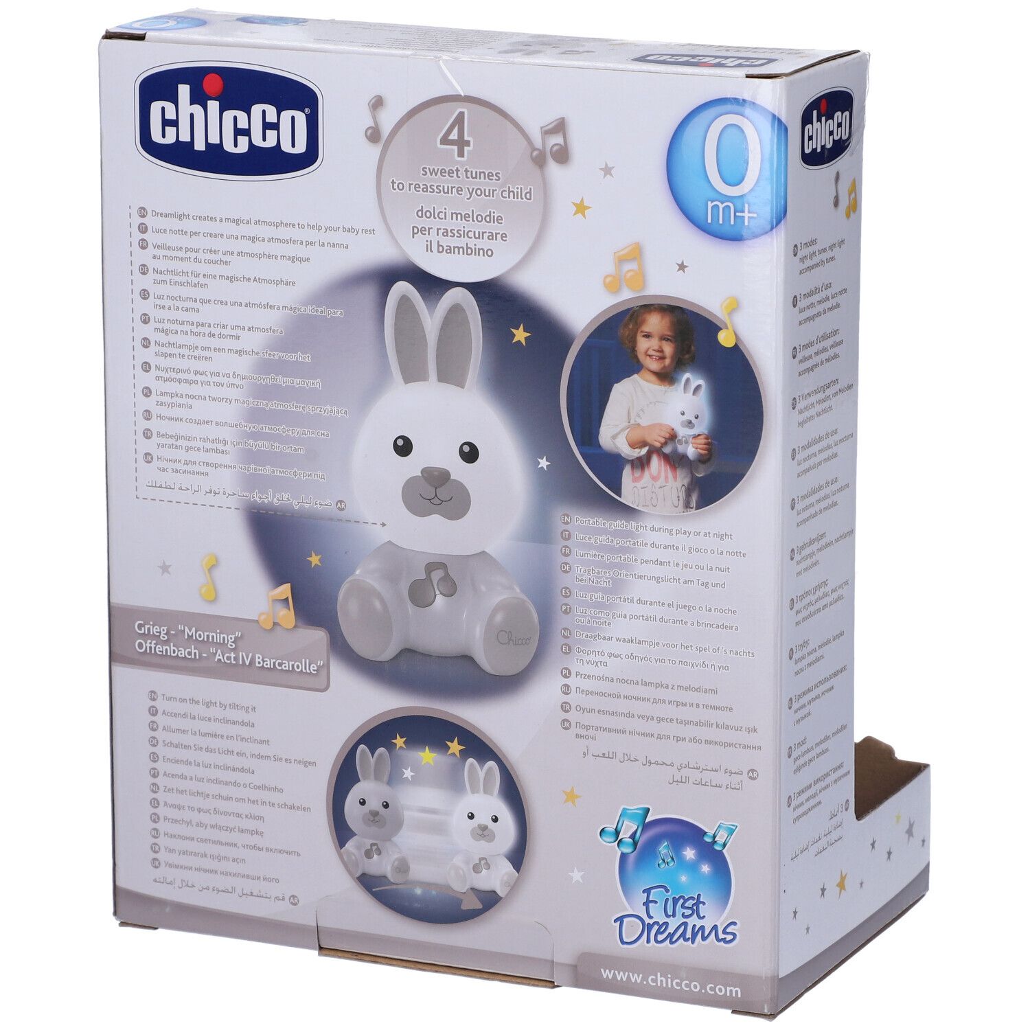 Confezione della luce notturna Chicco. Design coniglio bianco con note. Illustrazioni di conigli e bambino. Testo: 4 melodie.