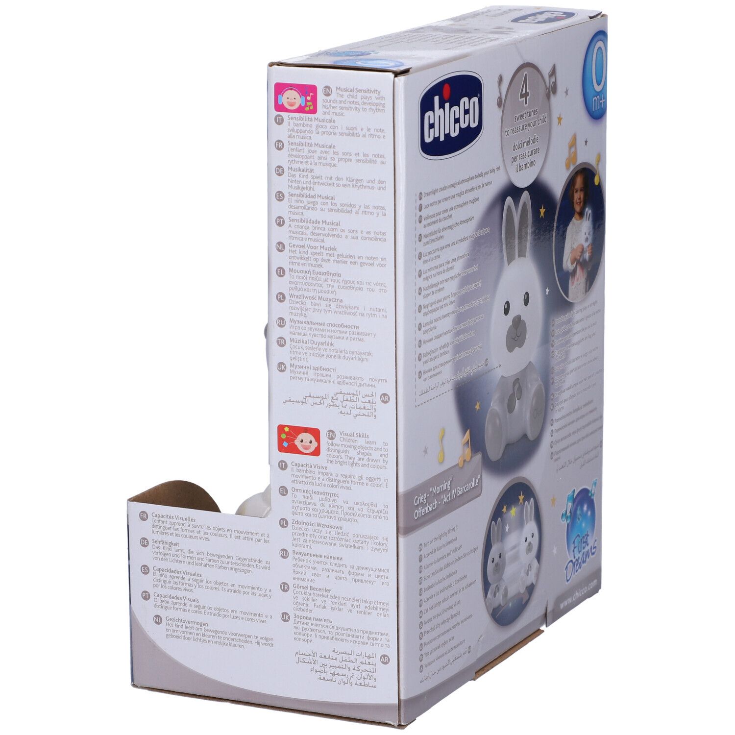 Confezione luce notturna Chicco, vista laterale. Design coniglio bianco. Testo e illustrazioni. Nome prodotto e marchio visibili.