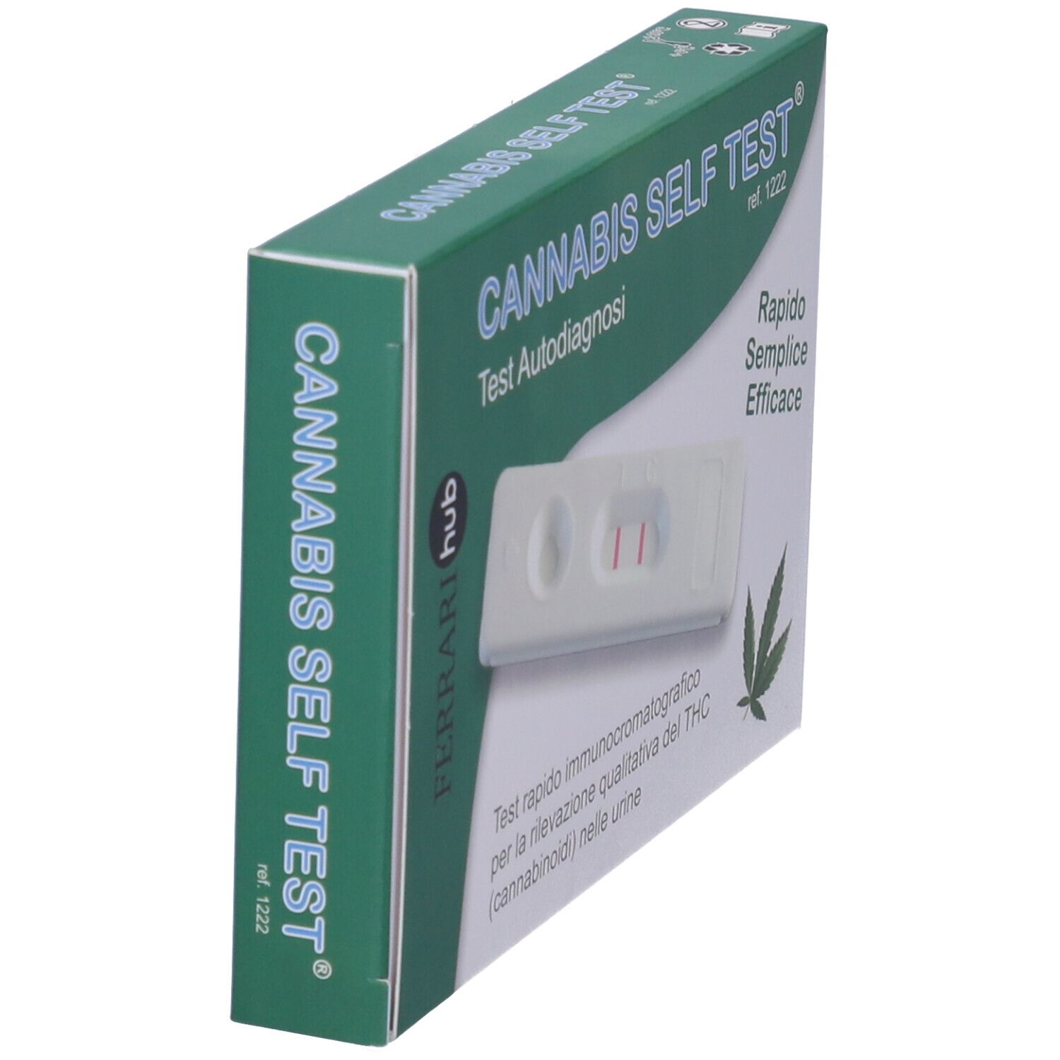 Confezione test cannabis in prospettiva. Marchio: Ferrari hub. Testo: Cannabis Self Test. Contiene una striscia reattiva con due linee.