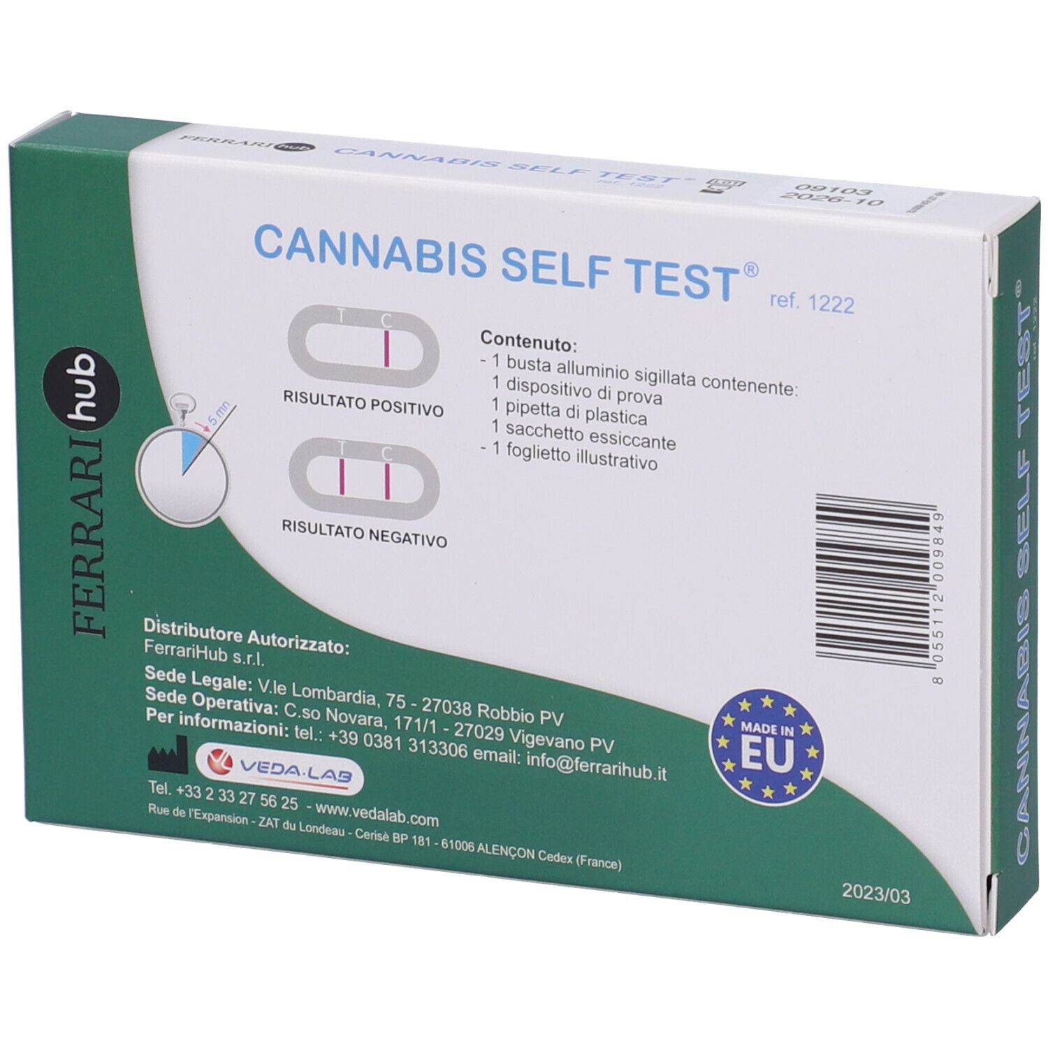 Retro della confezione del test cannabis. Contiene informazioni e certificazione UE. Marchio: Ferrari hub. Testo: Cannabis Self Test.