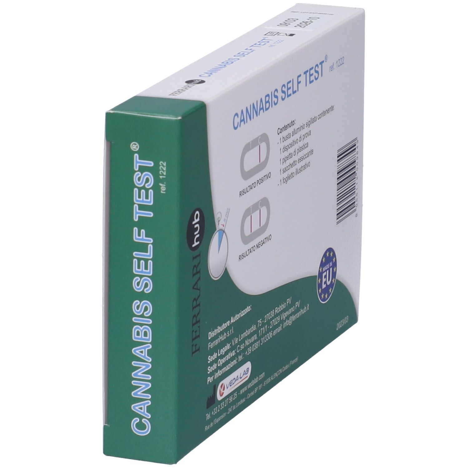 Confezione test cannabis in prospettiva. Marchio: Ferrari hub. Testo: Cannabis Self Test. Contiene informazioni e certificazione UE.